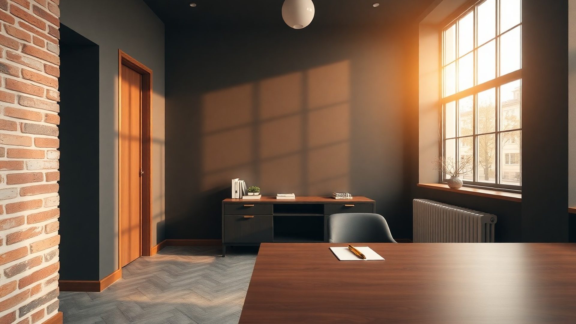 Wnętrze biura Nowy Atelier w Krakowie w tonacji antracytu i złota
